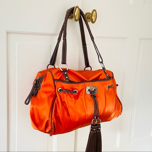 Rafe orange nylon brown leather satchel bag